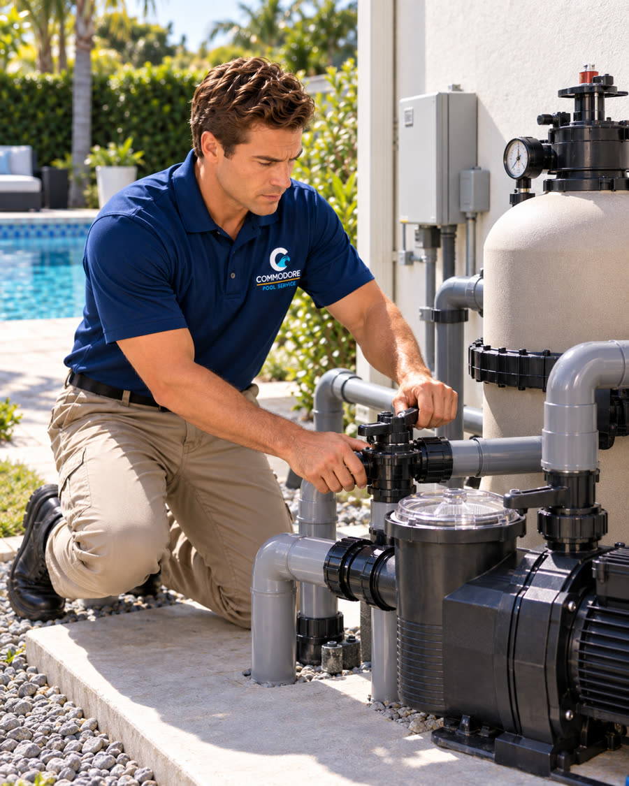 Commodore technician servicing a pool pump and filter equipment pad