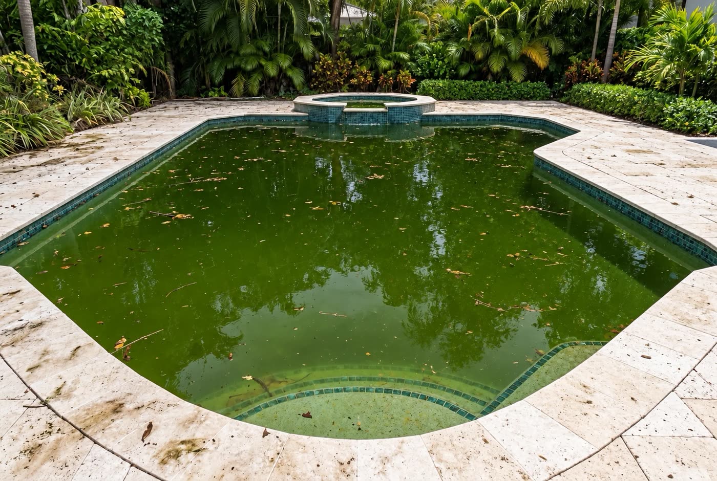 A backyard pool covered in algae and debris before Commodore's cleanup