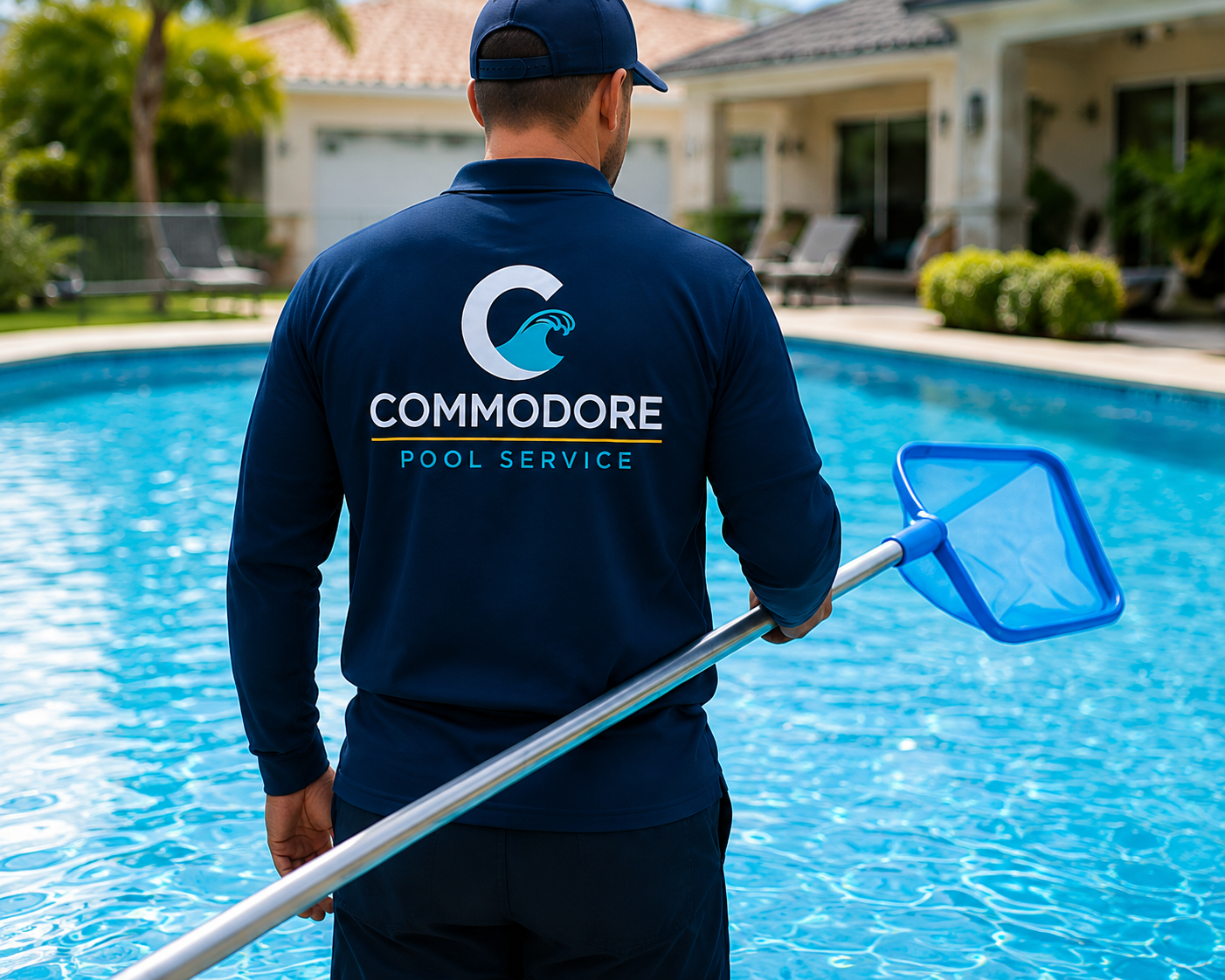 Commodore Pool Service technician in branded uniform holding a pool skimmer net, standing beside a clear backyard pool